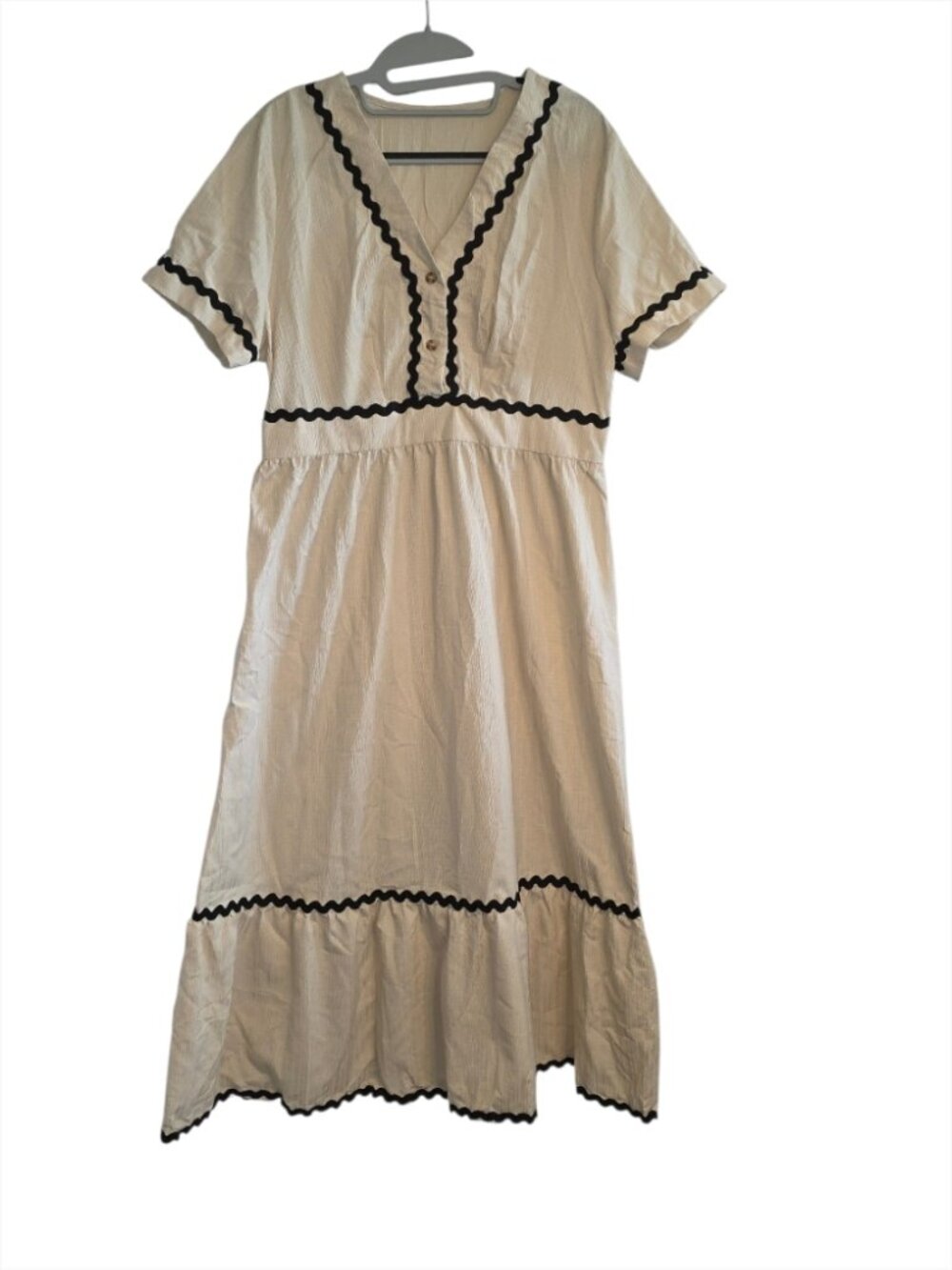 Midi Dress Wavy Ribbon Trim V Neck Defined Waist Cottage Country XL